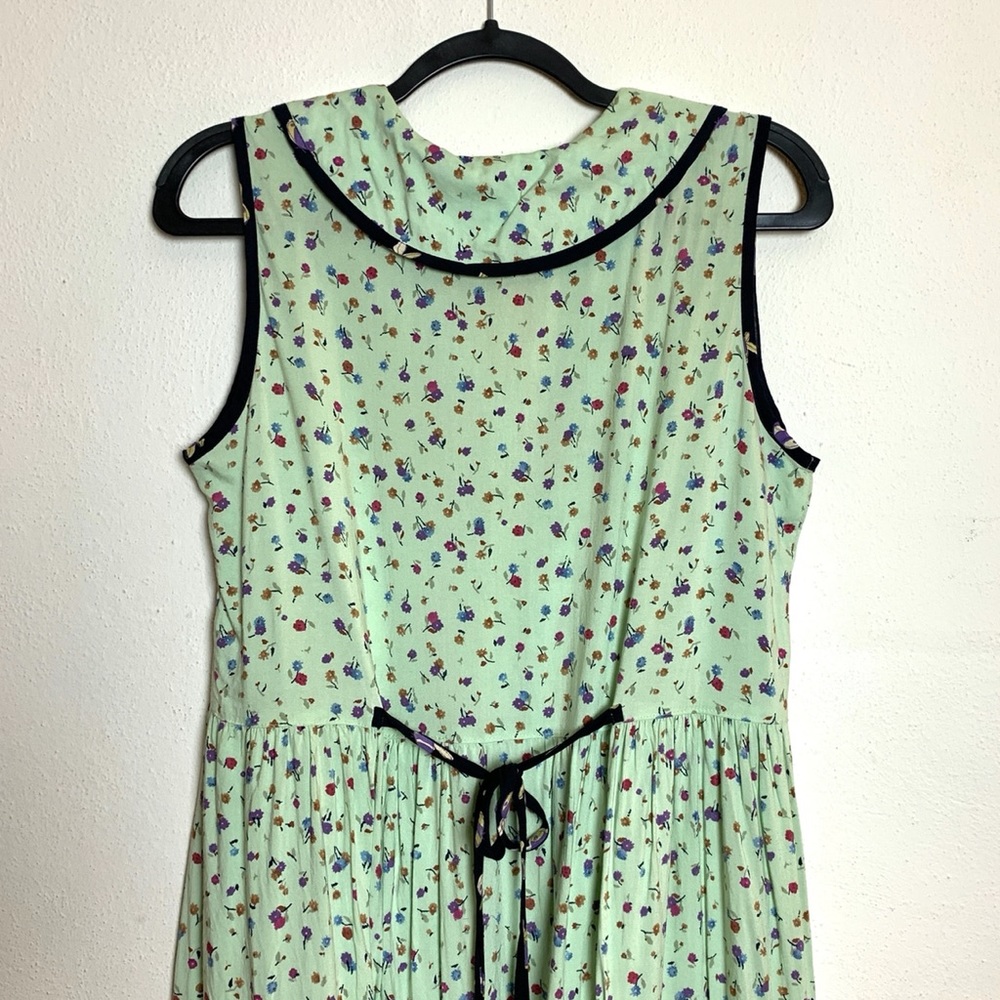 Vintage 1980s light green floral sleeveless collared dress size L - Picture 6 of 15